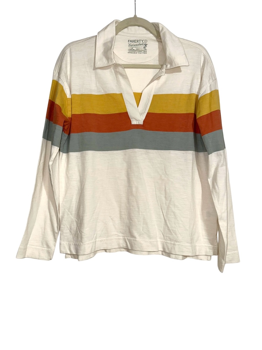 Faherty Sunwashed Organic Cotton Cream Long Sleeve Stripe Polo Top SMALL - Picture 2 of 7